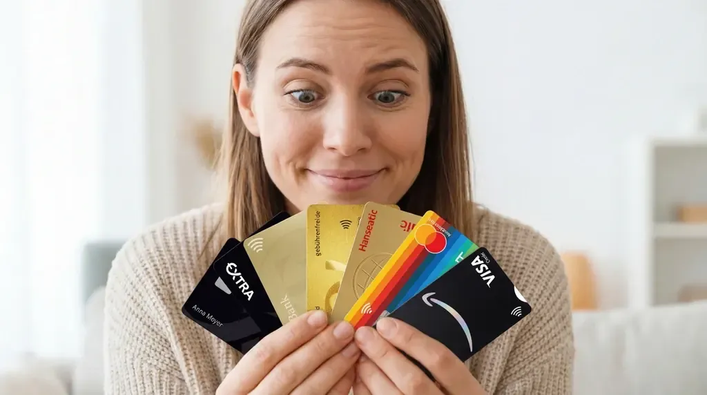 Mehrere Kreditkarten verschiedener Anbieter nebeneinander, im Vordergrund die awa7® Visa als Vergleichssieger